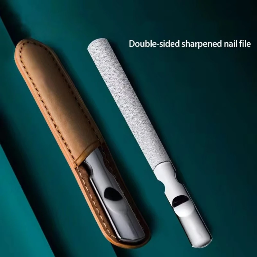 プロ仕様の両面ネイルファイル、革製バッグ付き、サンドペーパーネイルサンディング、ステンレス鋼研磨ストリップ