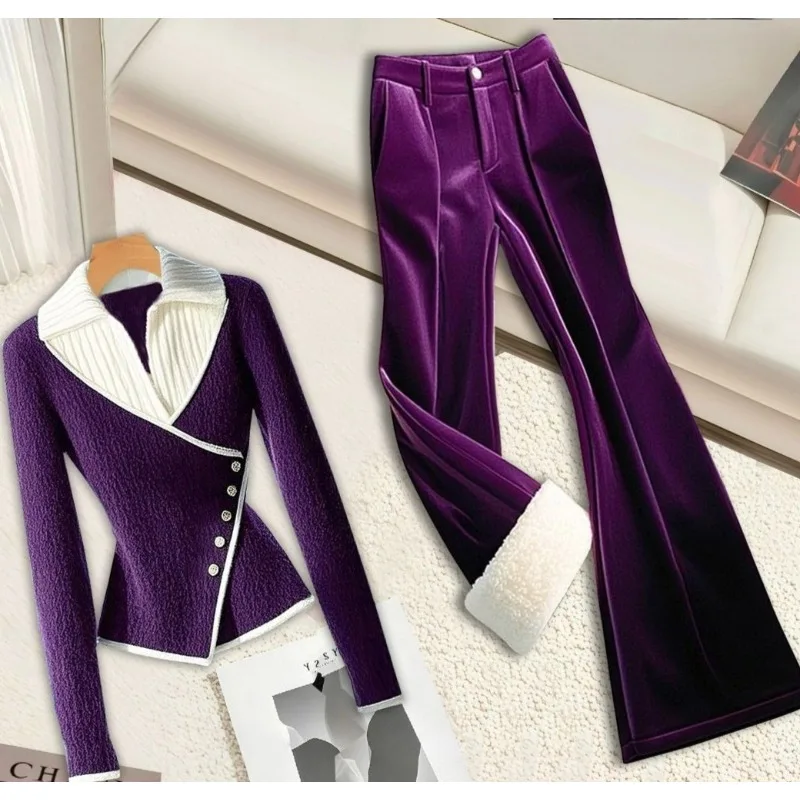 Winter Originele bestseller Veelzijdige high-end paarse set Stijlvol elegant design Sweaterbroek Tweedelige set Mode Dameskleding