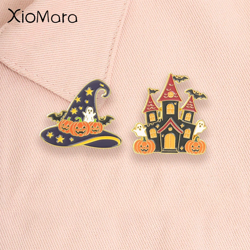 Cute Ghost Pumpkin Halloween Enamel Pins Witch Hat Bat Spooky Castle Brooches Lapel Backpack Badge Jewelry Accessories Gifts