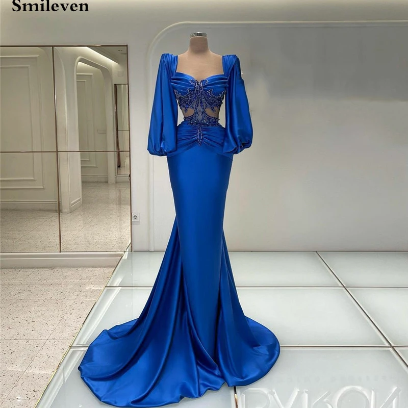 

Smileven Royal Blue Mermaid Evening Dresses Long Puff Sleeve Lace Prom Dress Saudi Arabia Modern Side Split Party Dress 2023