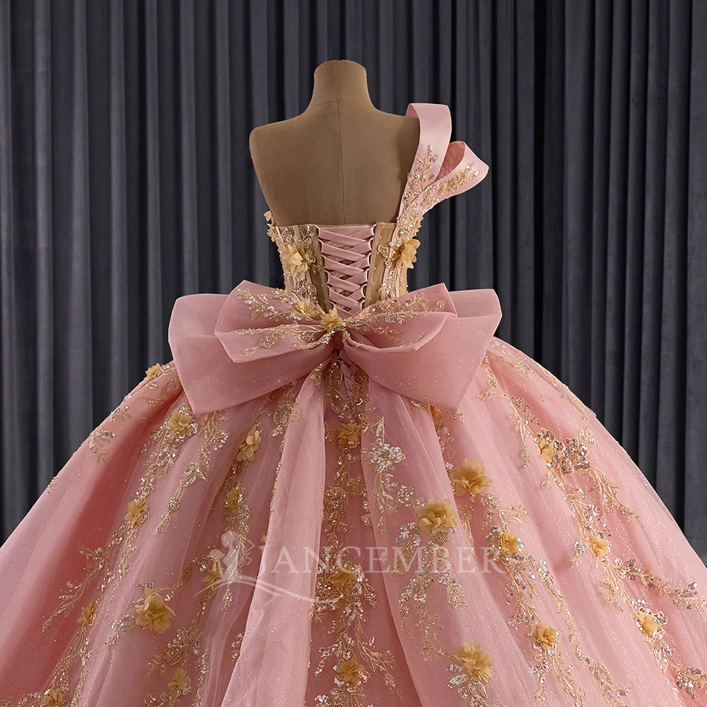 Glitter Pink Beaded Ball Gown Quinceanera Dresses 2025 Appliques One-Shoulder Dress Pageant Gowns Vestidos De 15 Años Customized