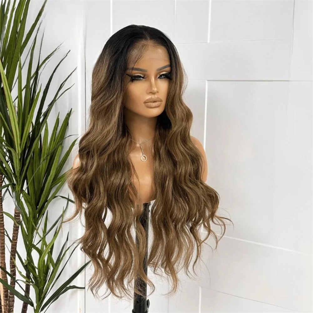 

Синтетический парик с HD-кружевом и натуральной мягкой текстурой волос, темно-коричневый с оттенками темно-коричневого и насыщенного карамели, с эффектом омбре, для вечеринок, с объемными волнистыми прядями