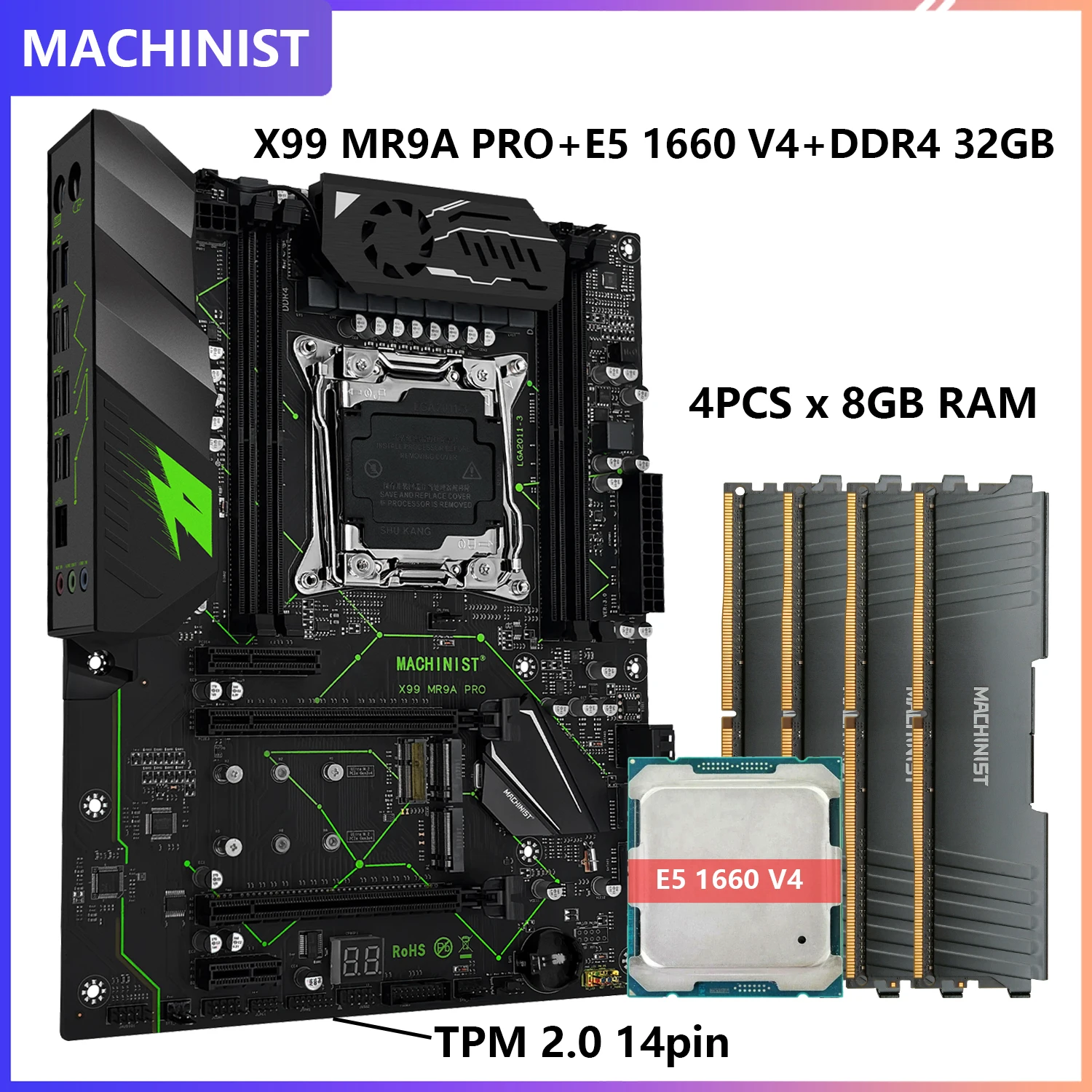 

MACHINIST X99 MR9A PRO ATX Motherboard Set kit LGA 2011-3 With Xeon E5 1660 V4 CPU and DDR4 32GB RAM TPM 2.0 Interface