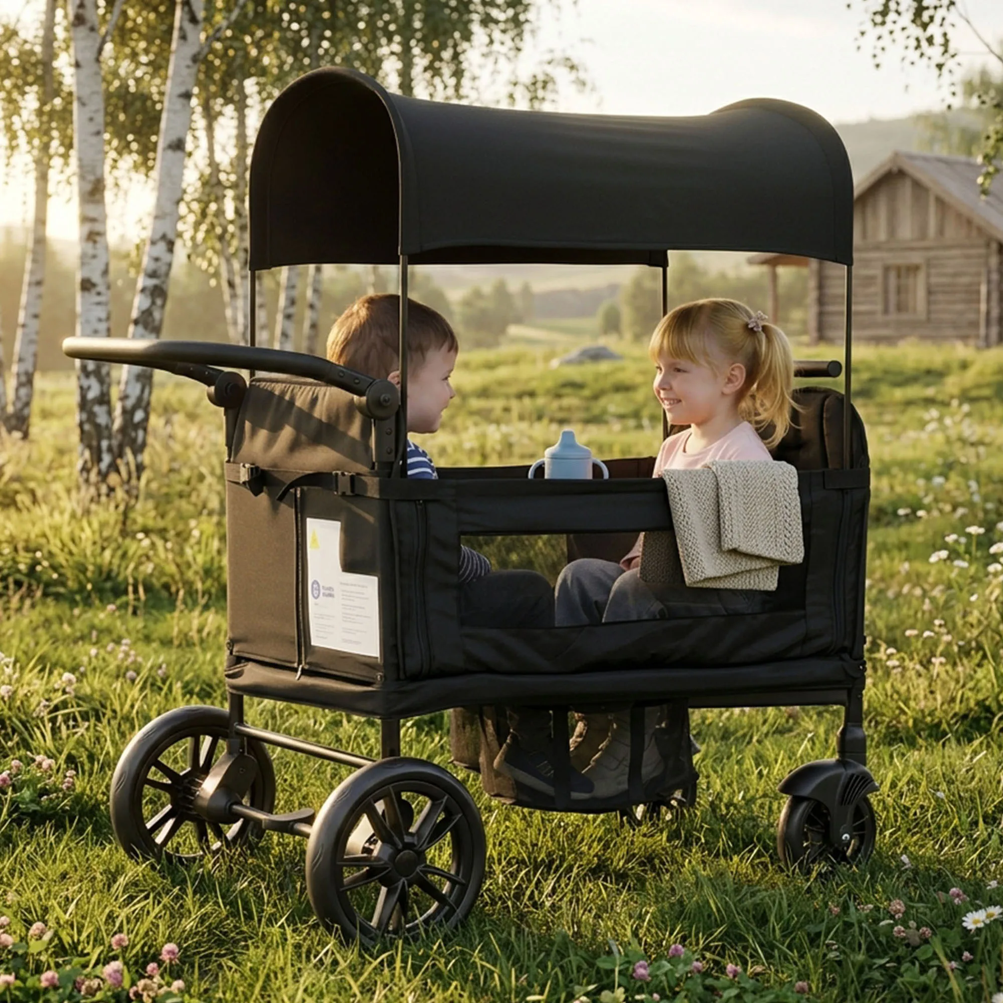Poussette-chariot pliable double pour 2 enfants, noire, poignée rembourrée réglable en 8 directions, auvent pare-soleil et plateau de service, harnais de sécurité à 5 points, pliage compact, cadre en acier robuste, tissu Oxford 600D, roues en EVA, poignée ergonomique