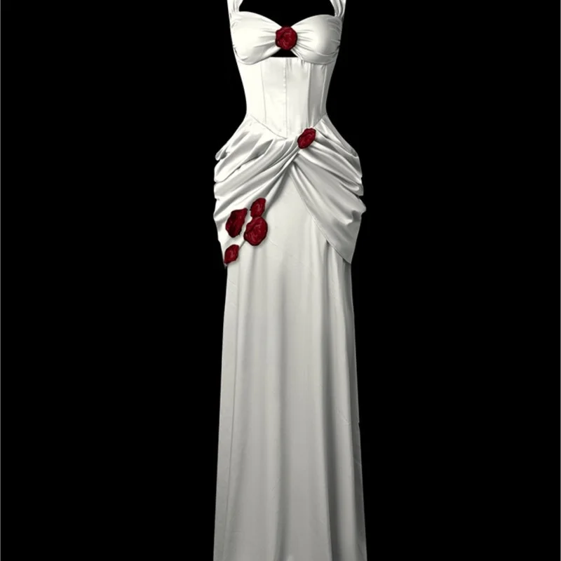 

White mist Red dust slim-fit waist top long satin party birthday dress