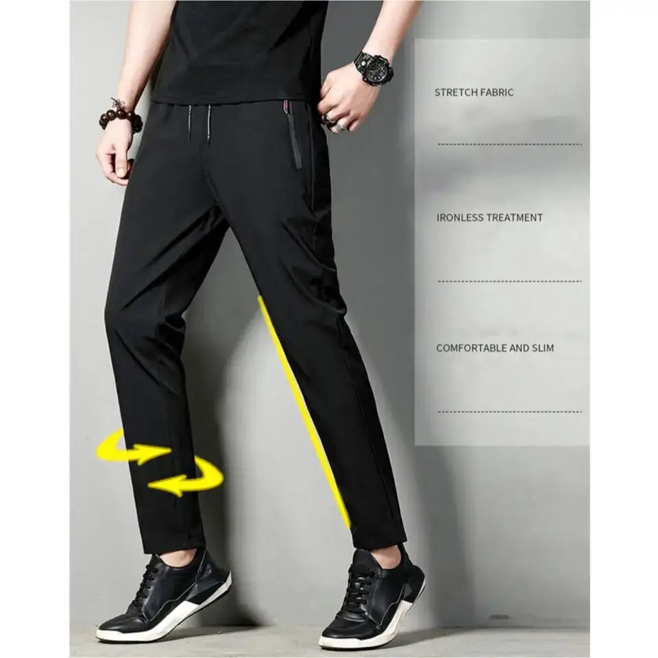 Men's Casual Pants Business Office Straight-Leg Elastic Slim Summer Breathable Ice Silk Pants Jogging Korean New Classic Pants