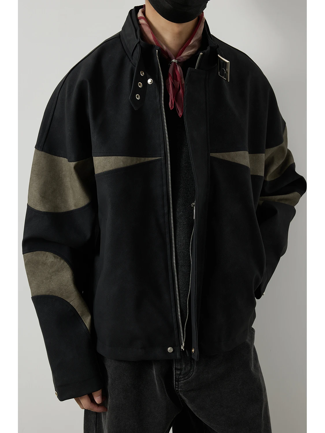 

LH Store American Sle Patchwork Stand Collar ort Wide Casual Leather Jaet Men's Outerwear Vintage High Street Motorcycl...