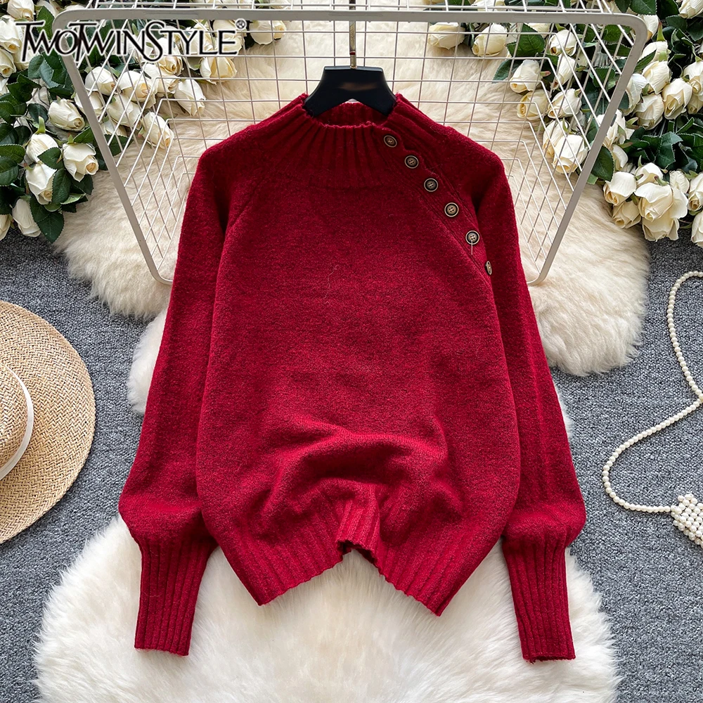 

TWOTWINSTYLE однотонные повседневные свитера в корейском стиле для женщин, шикарный свитер с круглым вырезом и длинными рукавами на пуговицах, женский KMY553073