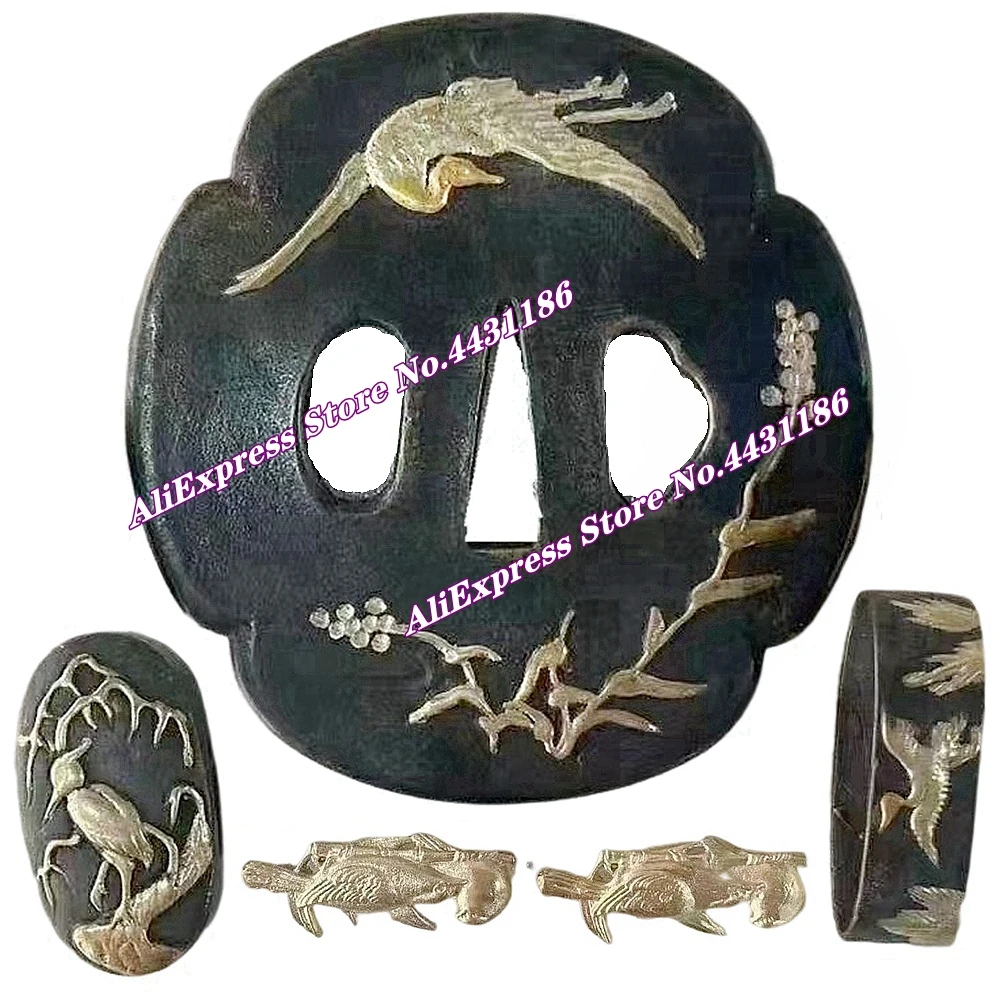 

A Set Crane Theme Sword Hand-Guard For Japanese Katana/Wakizashi/Tanto Accessory Brass Tsuba+Menuki+Fuchi+Kashira DIY Fittings