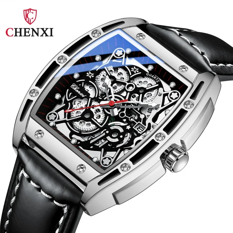 CHENghts-Montre à Quartz pour Homme d'Affaires, Cadran Tonneau Calendrier, Étanche, Bracelet en Cuir, Décontracté, 8265