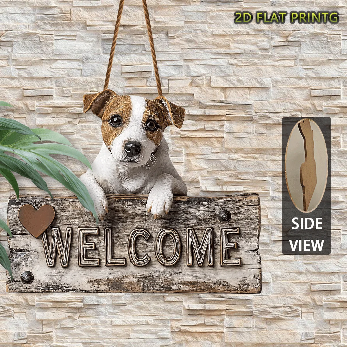A Classic Wooden 2D Flat Design Featuring a Vintage Jack Russell Terrier Welcome Sign, Styled for a Country Cottage.
