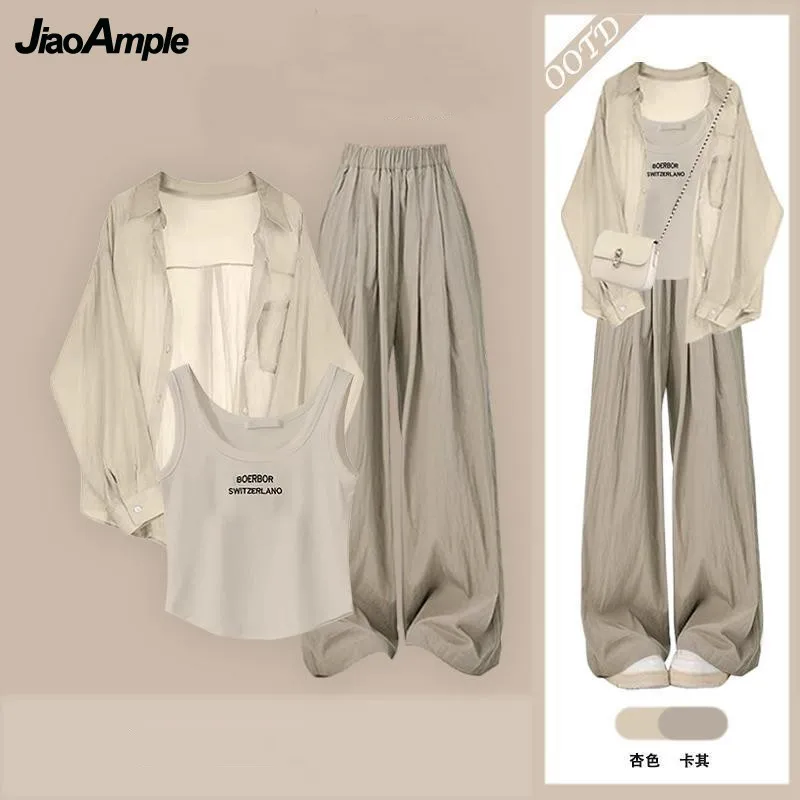 

Women's Summer New Casual Tracksuit Matching Set Korean Elegant Chiffon Sunscreen Shirt+vest+loose Wide Leg Pants 3-piece Suit