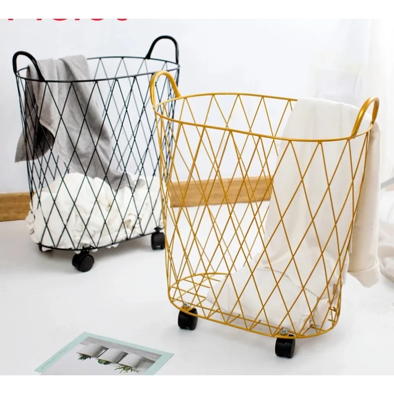 

Modern Golden Fashion Metal Gold Color Dirty Clothes Storage Handle Wheel Laundry Basket Home Creative