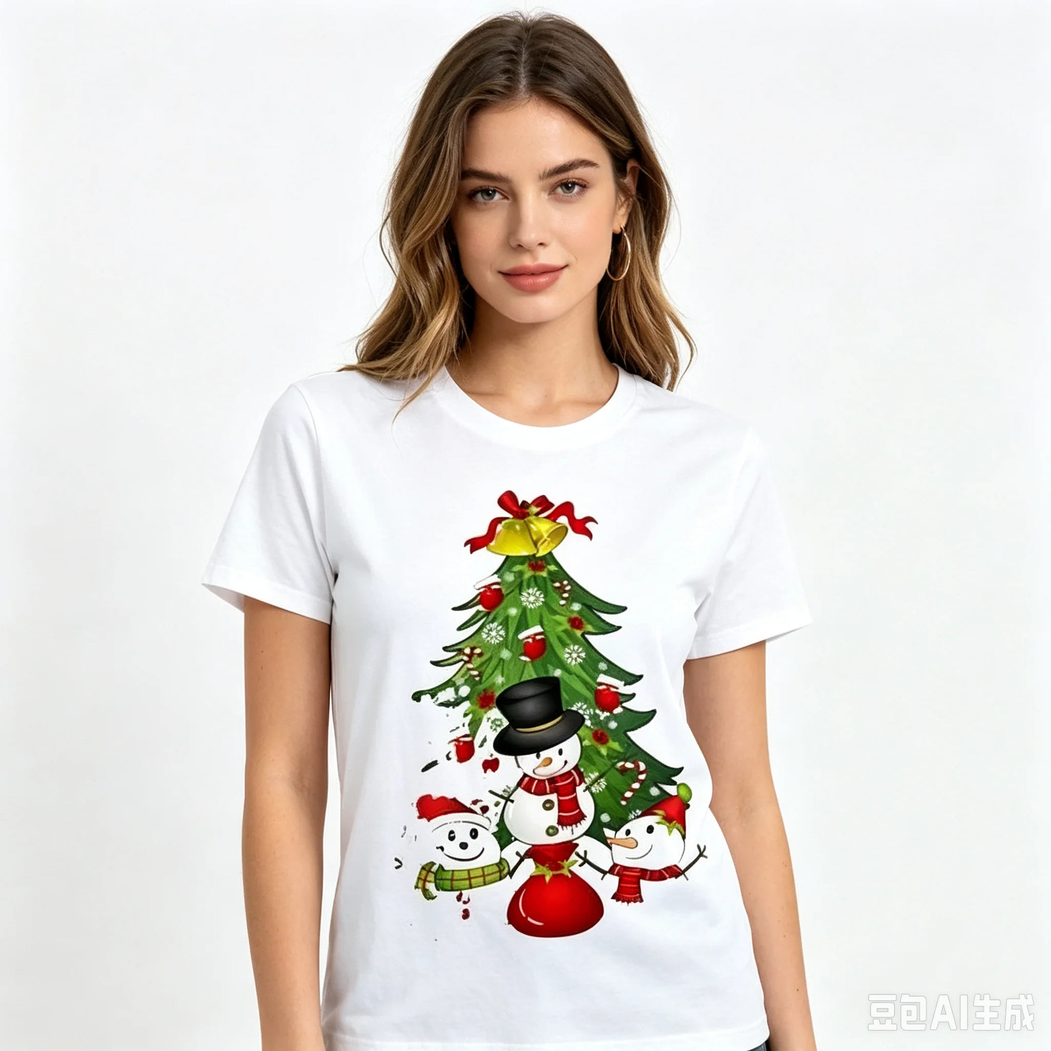 Women Christmas Tree Snowman T-Shirt Xmas Bell Print Holiday Casual Short Sleeve Tee Tops