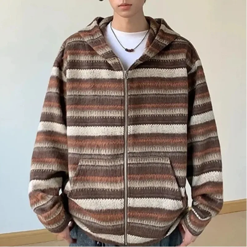 

Толстовка унисекс в американскую полоску с капюшоном, весна-осень, модный универсальный новый стиль, кардиган, куртка, шерстяной топ в ленивом стиле