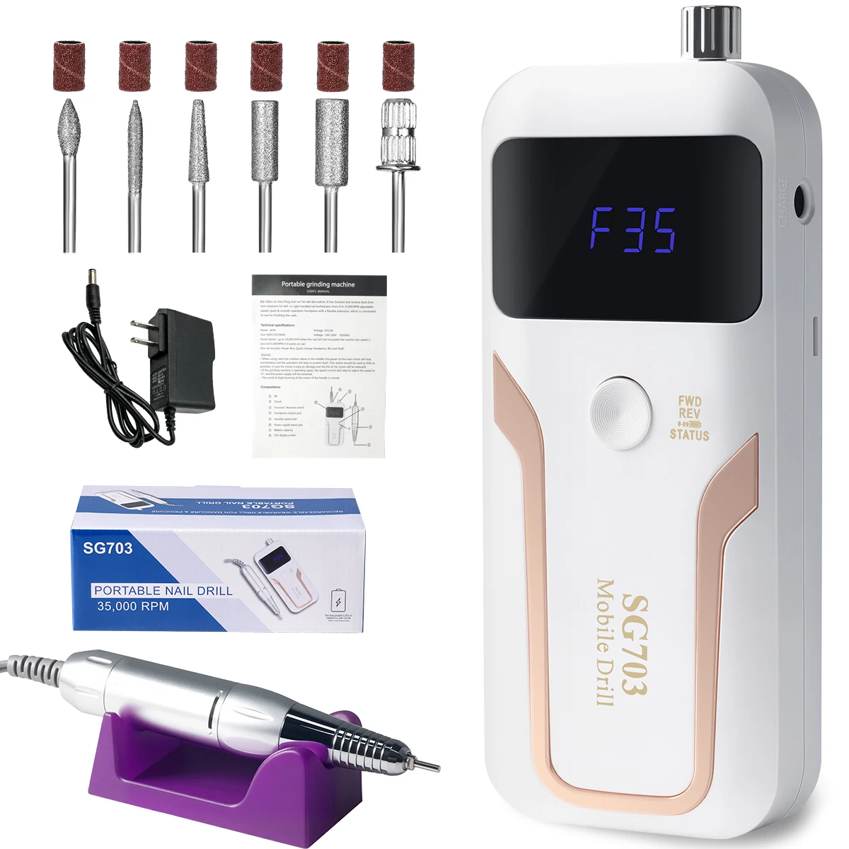 Portable Nail Drill Professional 35000 RPM, Rechargeable Electric Nail File Machine E File For Acrylic Gel Polishing Removing