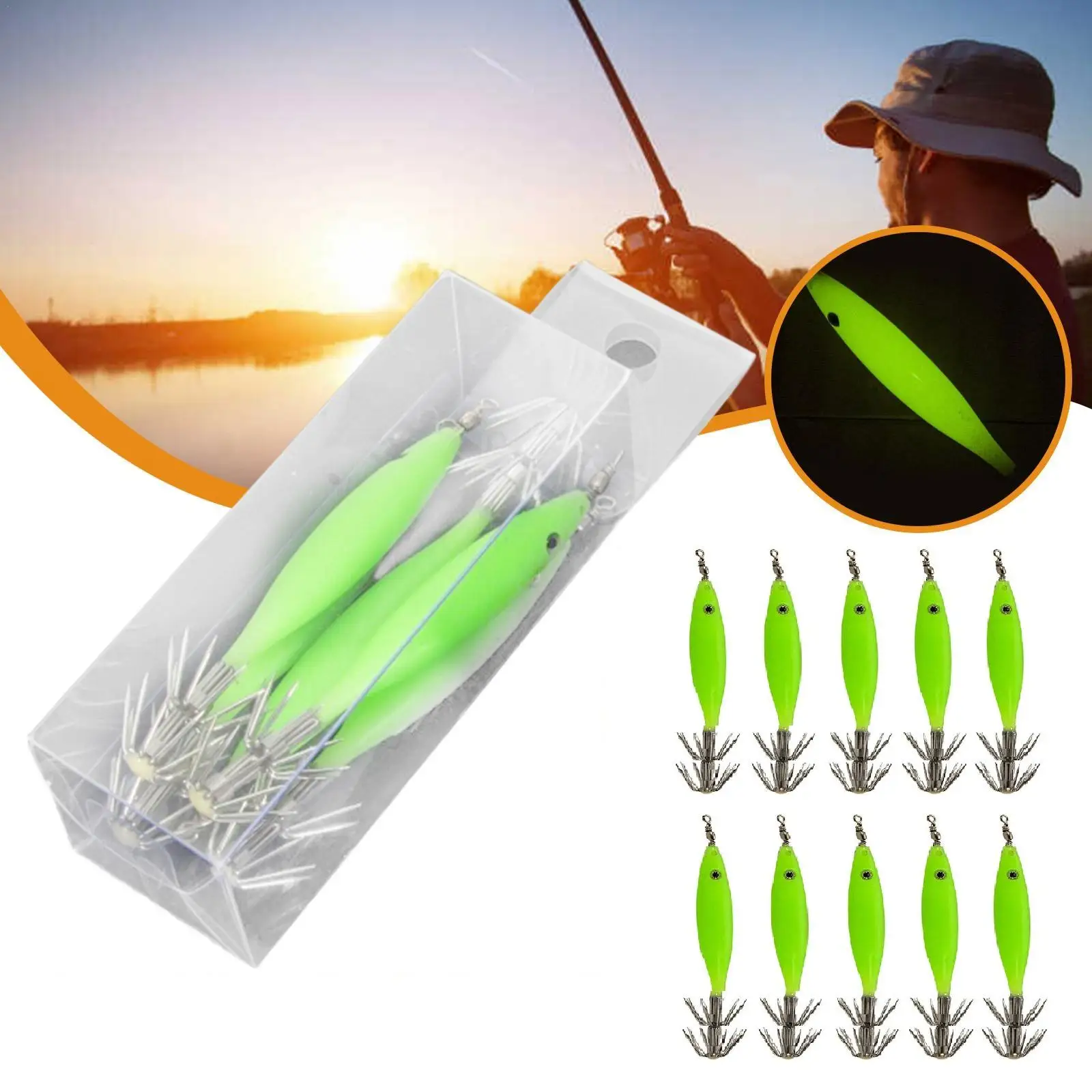 

10pcs/Set Luminous Blowing Tube Octopus Jig Hook Wood Cloth Hook Sea Roll Fishing Squid Bait Explosion Shrimp Hook Artificial