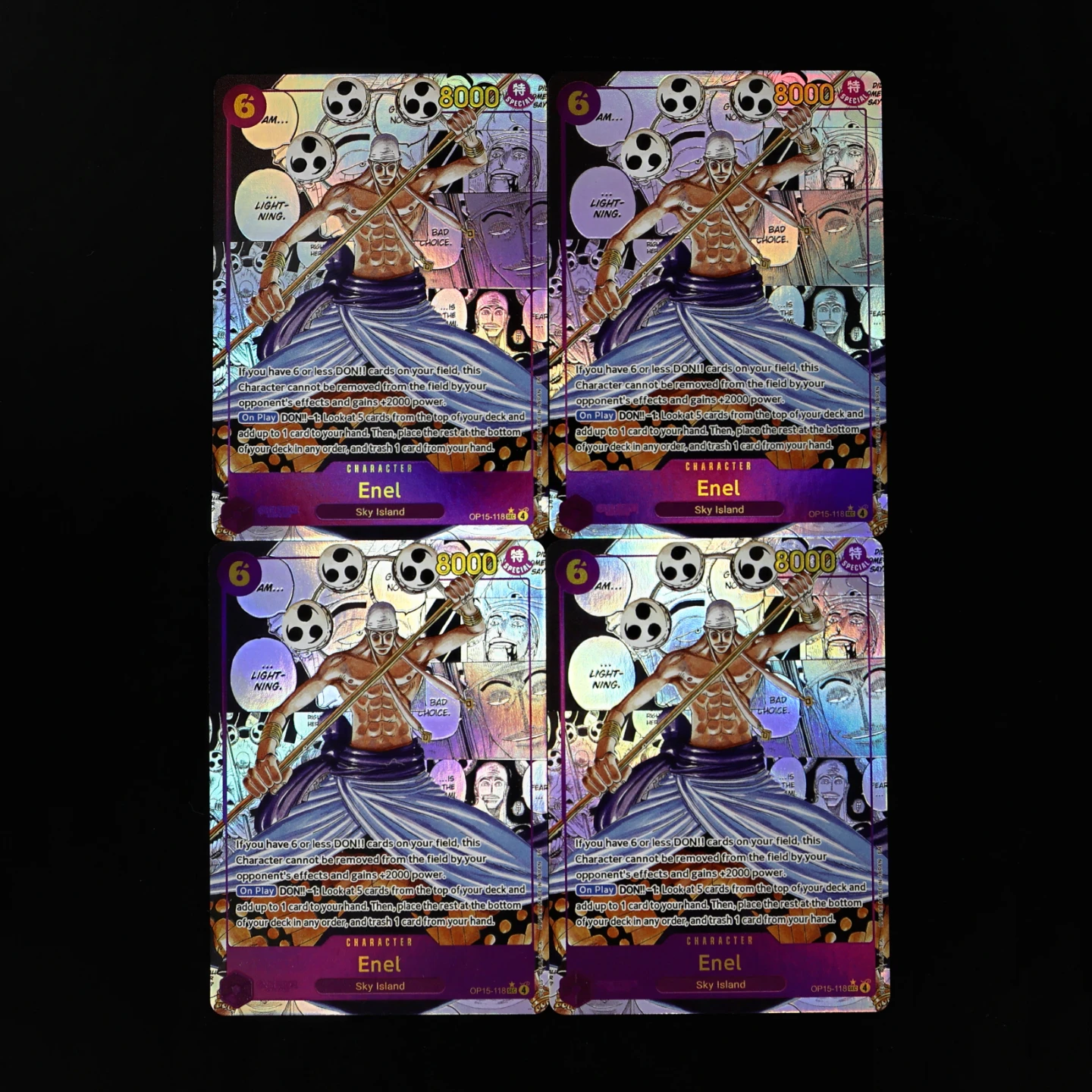Tarjeta Coleccionable de Anime One Piece TCG OPCG en Inglés OP15-118 Enel Manga OP15, Mazo de 6 Costos, Tarjeta Texturizada con Relieve de Enel Púrpura