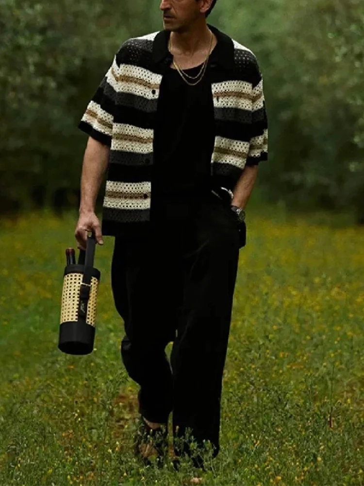 

Повседневные мужские вязаные рубашки для отдыха, весна-лето, повседневные дышащие вязаные рубашки для мужчин, винтажные полосатые вязаные рубашки