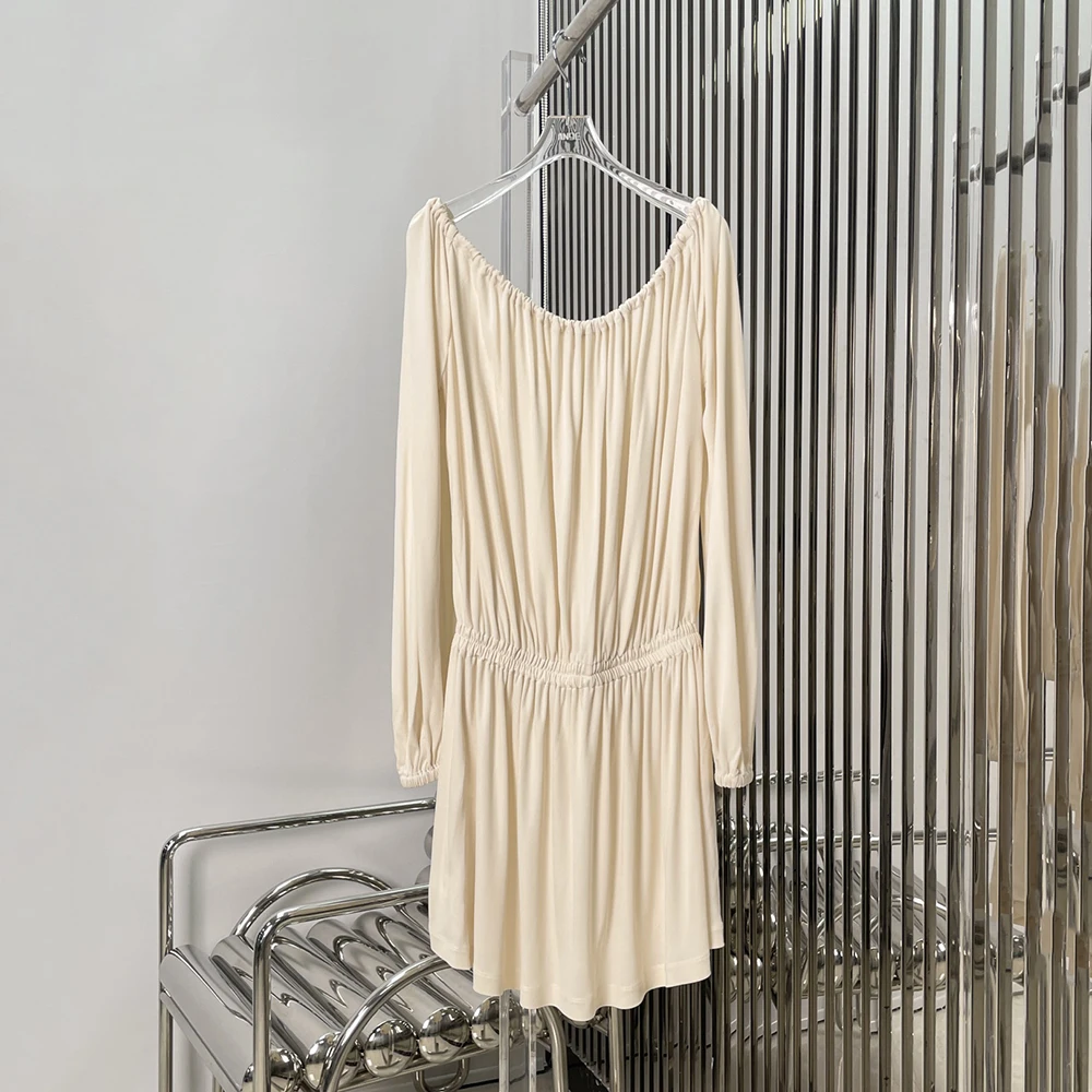 

Waist Slim Women's Dress Y2k One Shoulder Simple Elegant Commuter Peplum Long Sleeve Pleated Dress 2025 Summer New