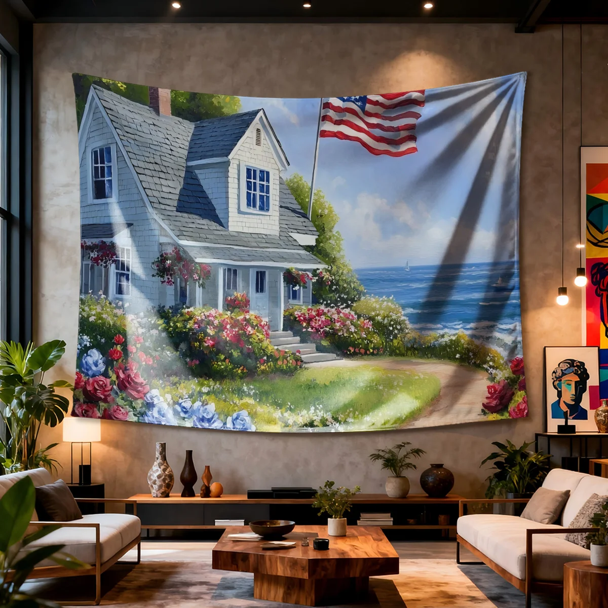 Coastal cottage with American Digital printing polyester wall tapestry suitable for use living rooms bedrooms offices bars party