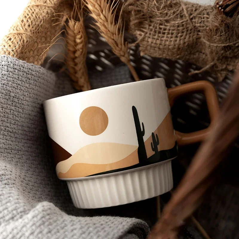 

Morandi Coffee Cup Retro Ceramic Hand Coffee Mug Breakfast Cup High Appearance Pull Flower Cup Gift Coffee