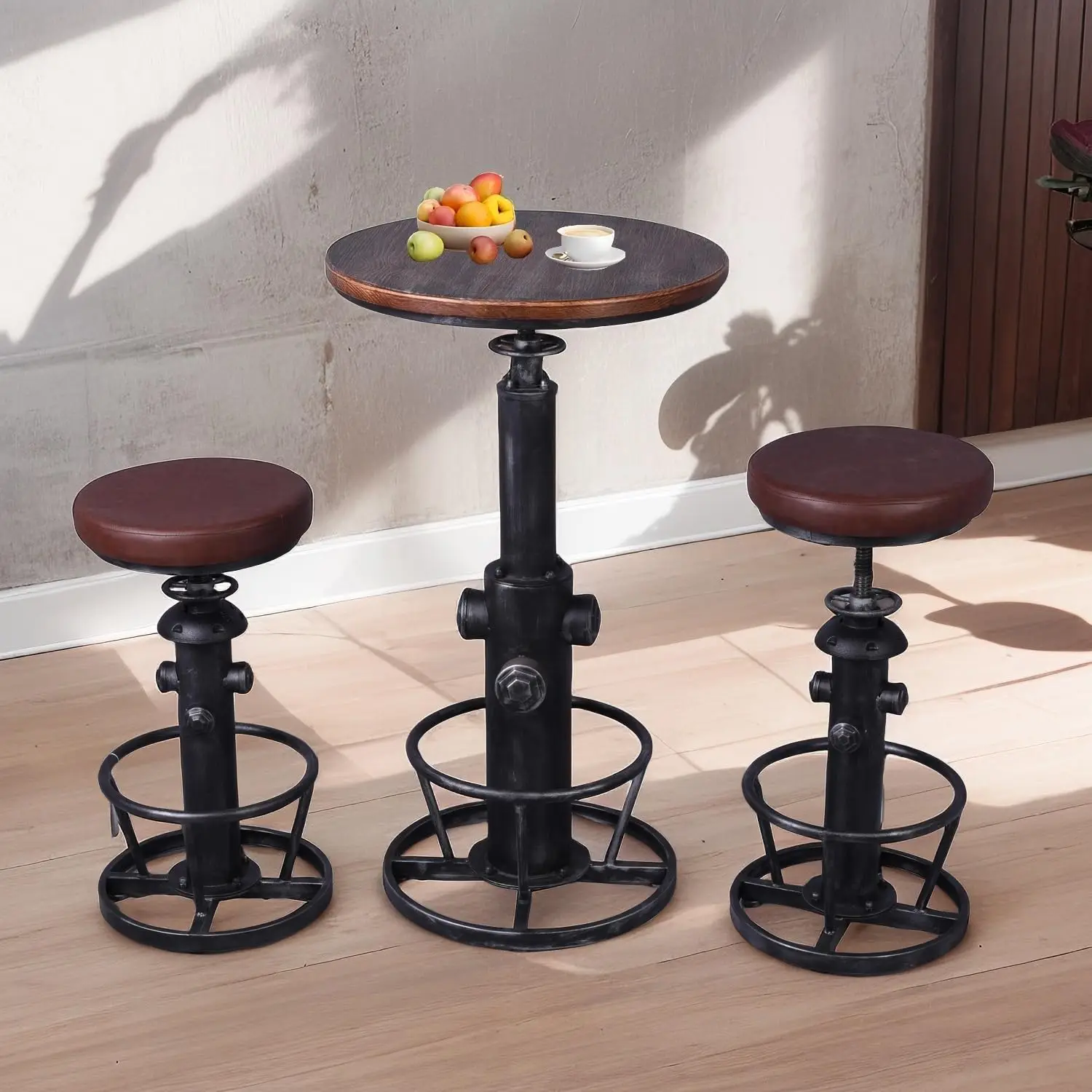 

3 Piece Pub bar Set Retro Round bar Table and Stools for 2 Height Adjustable Pub Table and stools Match bar Height, Customized