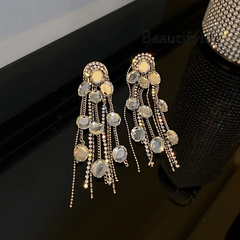 Light luxury diamond-set crystal long fringed earrings, European and American personality, advanced sense and exquisite