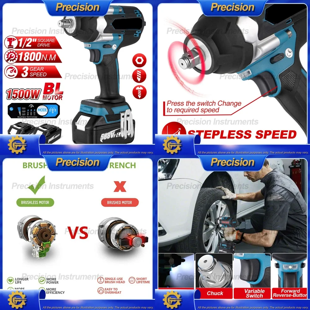 

Бесщеточный электрический ударный гайковерт 2026, высокий крутящий момент 1000 для деревообработки, ремонта автомобилей, аккумуляторный электроинструмент с литиевым покрытием