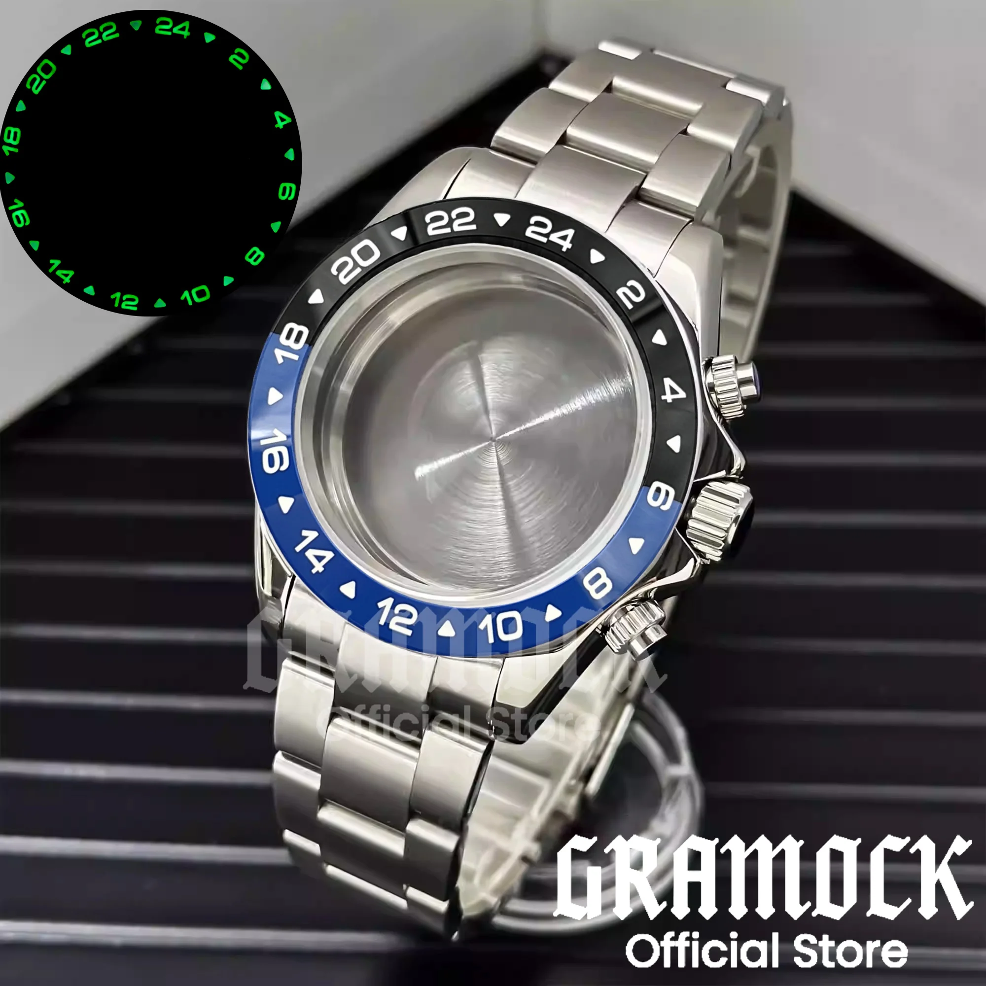 GRAMOCK 39 mm Herren-Taucheruhrengehäuse VK63, poliert, Saphirglas, GMT-Keramiklünette, superleuchtende Passform, VK63, VK64-Uhrwerk