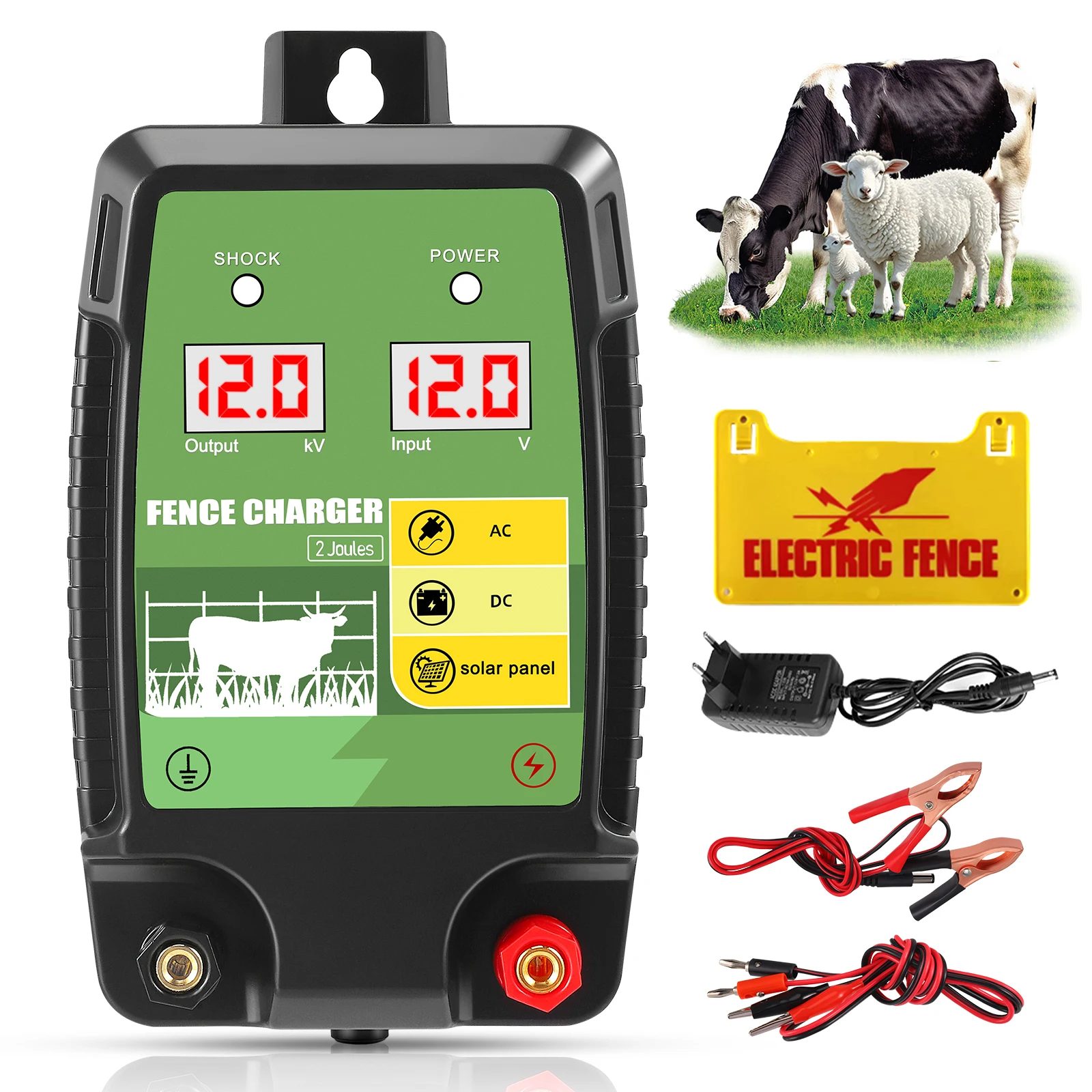 7.5Miles 12V Electric Fence Energiser 2J Output 10 KV Peak Electric Fence Charger Powered by 12V Battery/ AC/ Solar Power