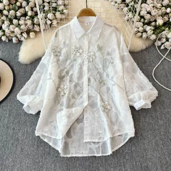 Basics Turn-down Collar Embroidered Chic Rhinestone Three-dimensional Floral Slim Top Women Streetwear High Street Autumn Blouse