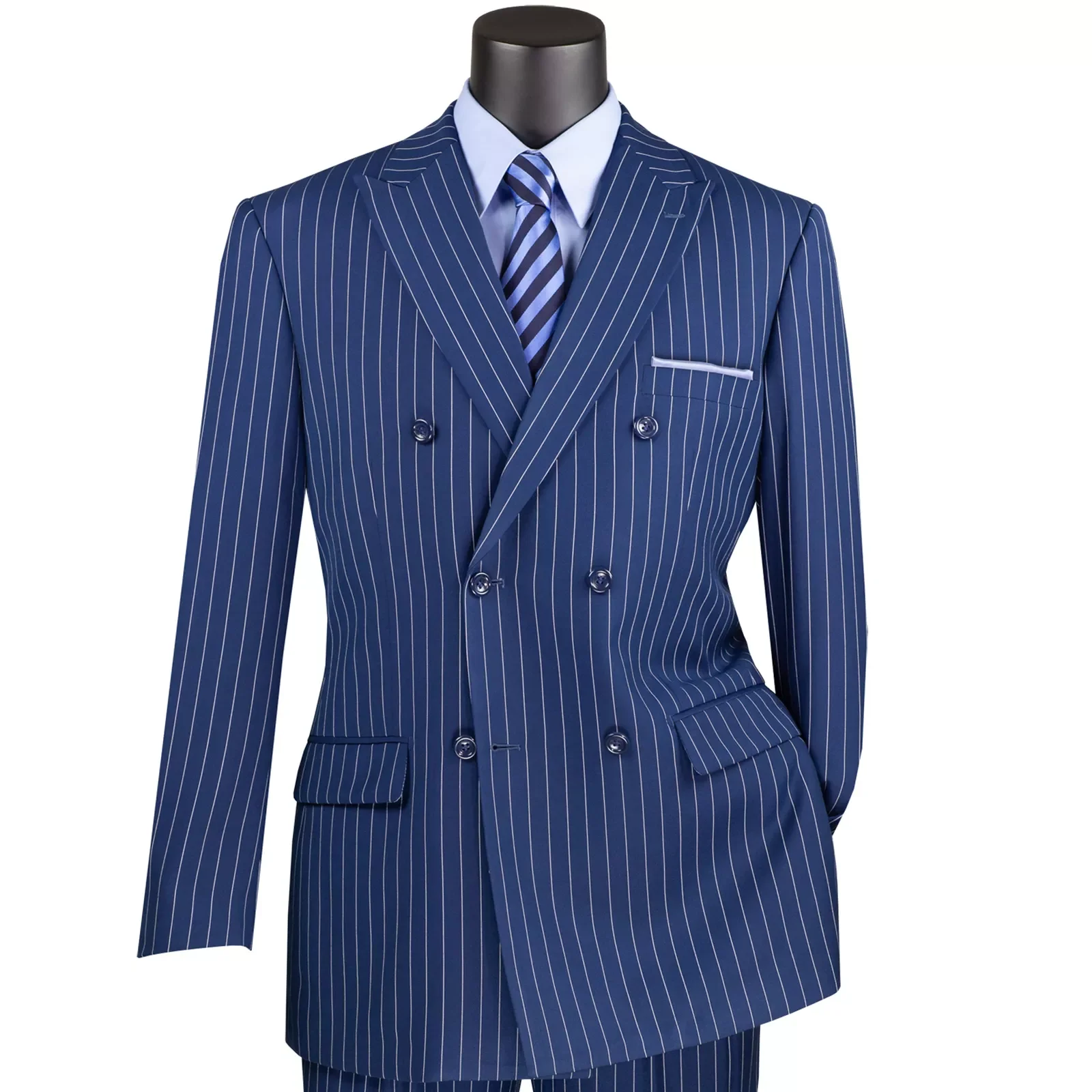 

Business Men Suits Set 2 Piece Blazer Coat with Pants Royal Blue Stripes Double Braested Jacket Classic Style Customize