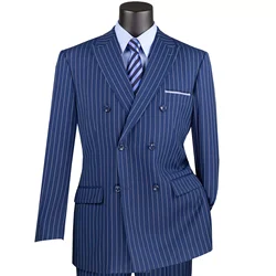 Business Men Suits Set 2 Piece Blazer Coat with Pants Royal Blue Stripes Double Braested Jacket Classic Style Customize