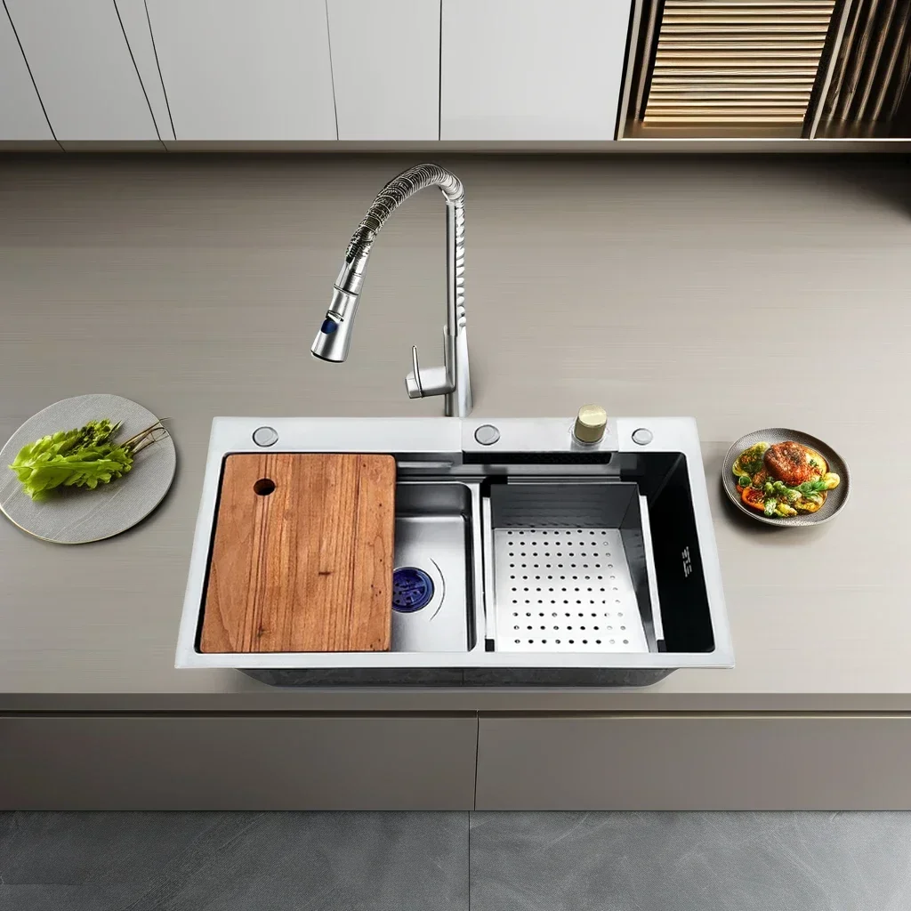 SUS 304 Stainless Steel Smart Double Bowl Kitchen Sink Silver Color With Cup Washer Drainer One-Hole Nano Surface Treatment