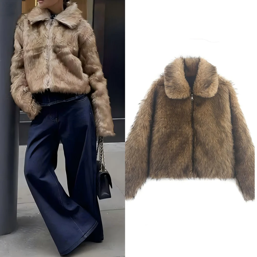 

Women's winter New fashion loose warm Fur Faux Leather Lapel jacket Coat retro long sleeved zipper women's Coat chic top