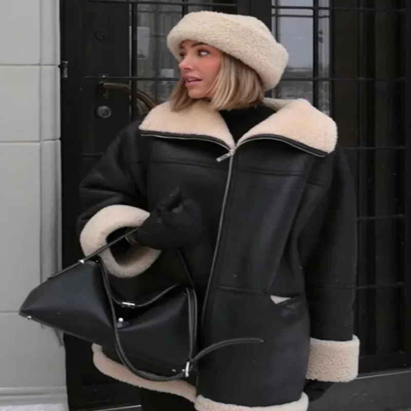 

2024 Winter Plush Leather Fur Coat Women Warm Thick Zipper Loose Jacket Female Long Sleeve Lapel Lady Outwear