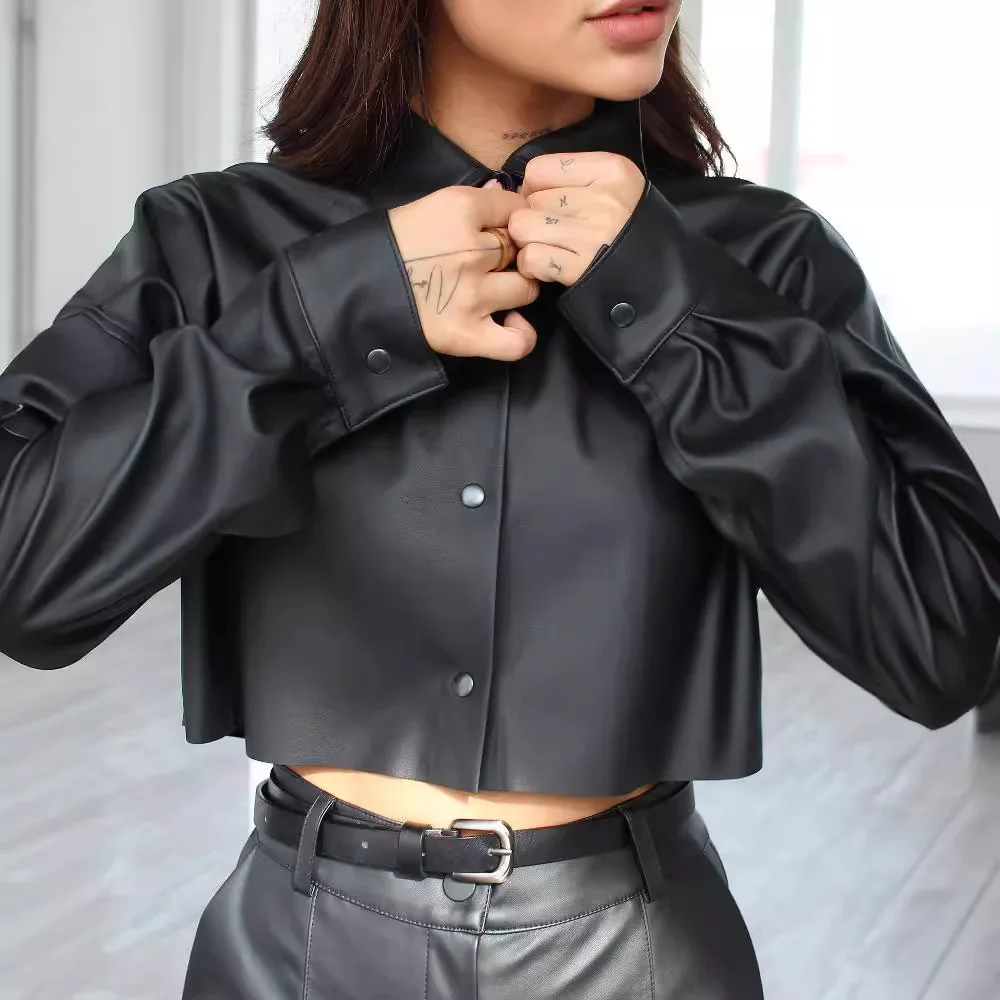 

Women's Clothing Women's Autumn and Winter New Design Bat Long-sleeved Navel Solid Color PU Shirt Women's Shirt