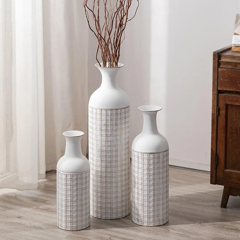 

American retro floor-to-ceiling large vase, homestay soft metal flower pot set, home living room flower arrangement