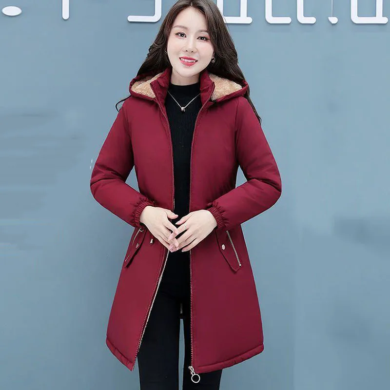 New Womens Padded Jacket Long Hooded Parker Overcoat Plus Velvet Thicke Winter Warm Coat Female Korean Casual Cotton Clothes 4XL