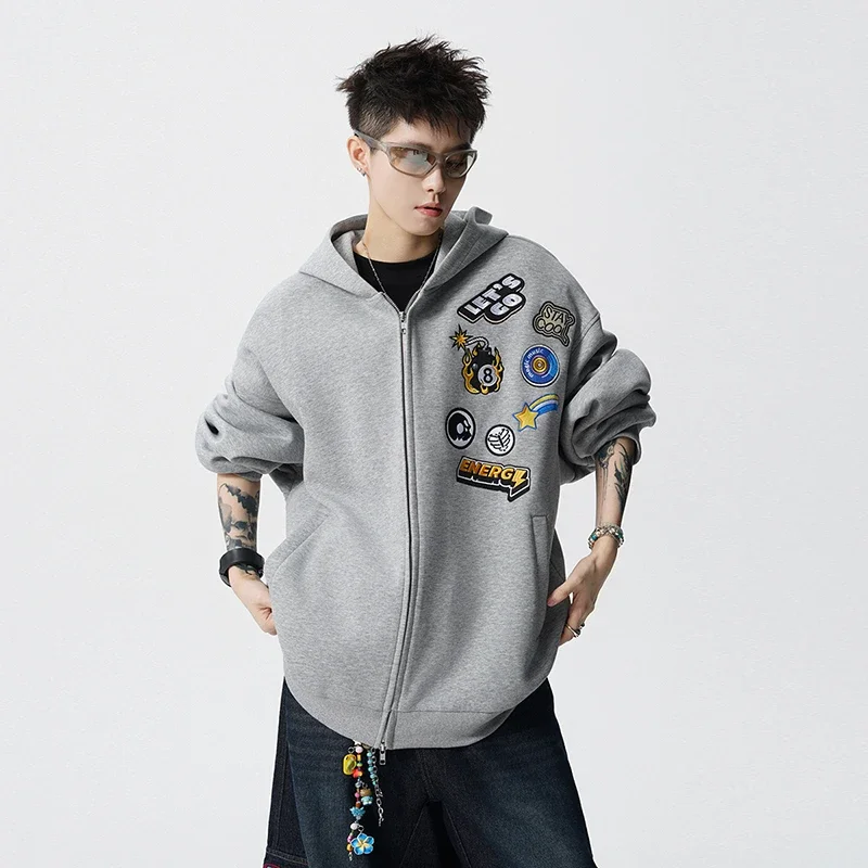 

Student Running Sport Jacket American Embroidered Printed Hooded Long-sleeved Sweatshirt Loose and Casual Couple Coat for Autumn