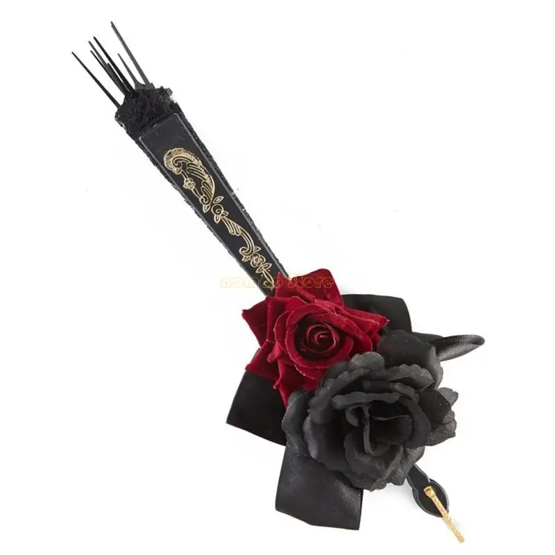 31BF 로리타 팬 고딕 빅토리아 여성 레이스 핸드 팬 빈티지 블랙 레드 로즈 고스 팬 할로윈 코스프레 파티 액세서리