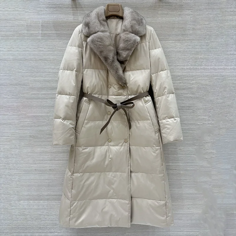 

High quality Mink fur collar long goose down jacket for women, winter coat with genuine leather straps 251213115