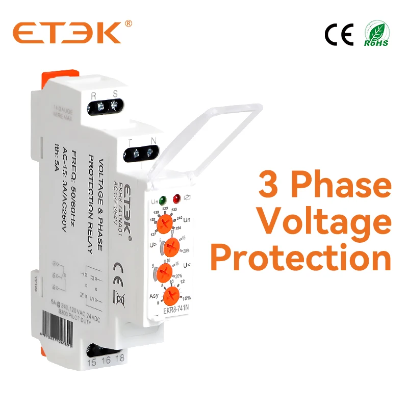 

ETEK 3 Phase Voltage Protection Relay Over-voltage Phase Failure SPDT Three Phase 220V 380V 480V 127-254V AC EKR8