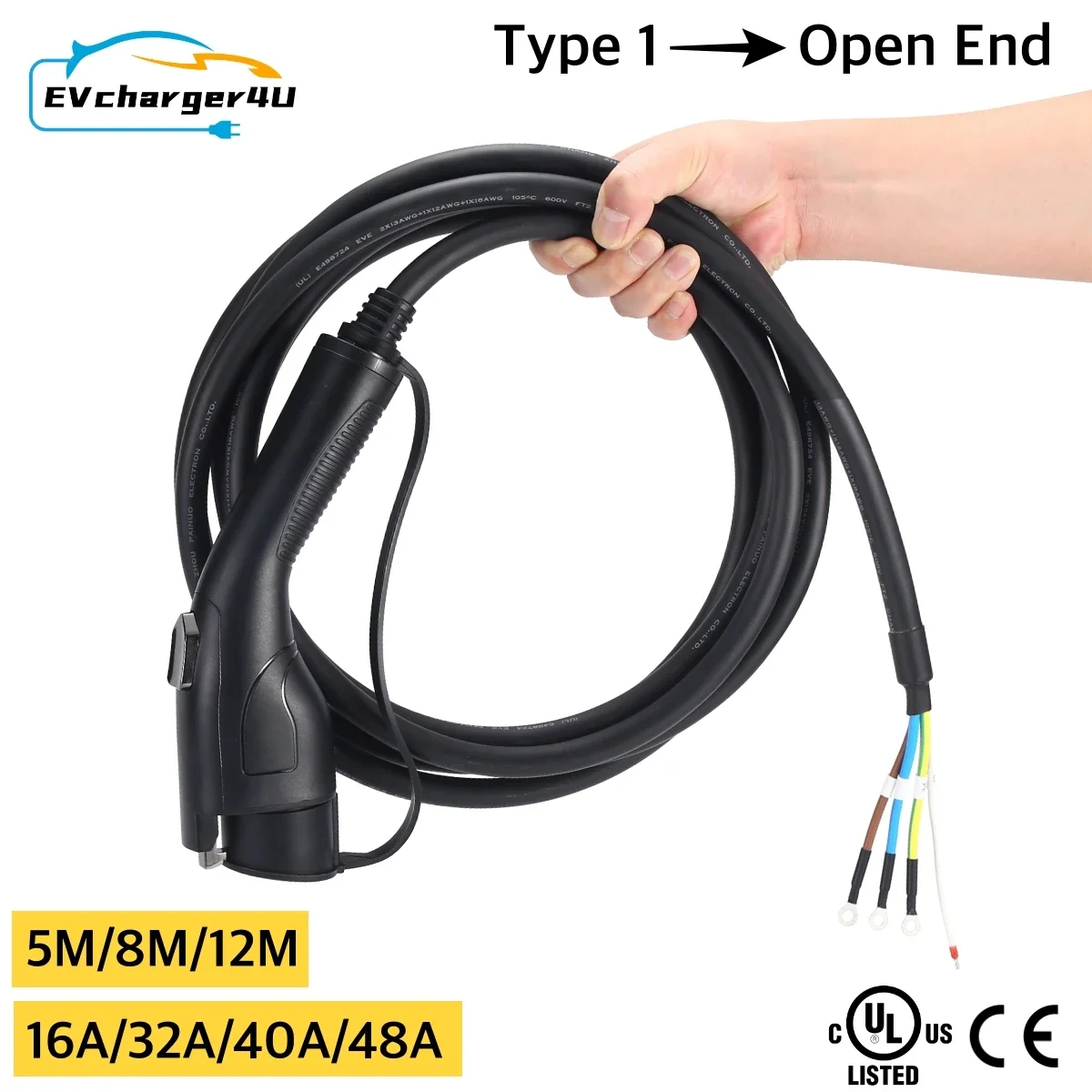 EVcharger4U 1 fase 16A 32A 40A 48A tipo 1 Cable de carga EV SAE J1772 hembra para abrir Cable para estación de carga de vehículo eléctrico