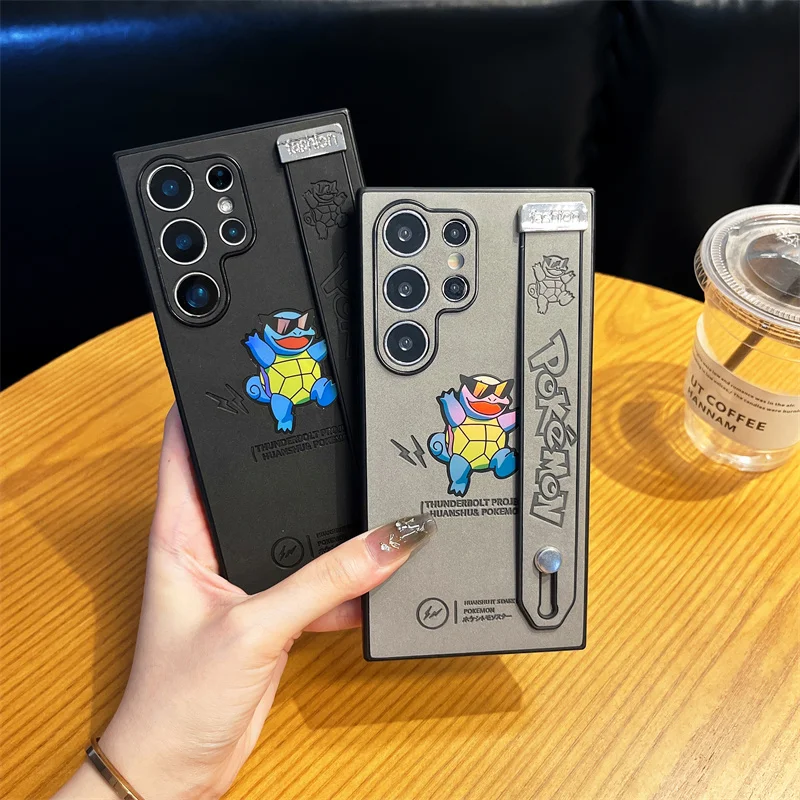 

Anime Cute P-Pokemon S-Squirtle Wrist Strap Bracket Phone Case For Samsung S24 S22 S23 Ultra Laser Suede Leather Protect Cover