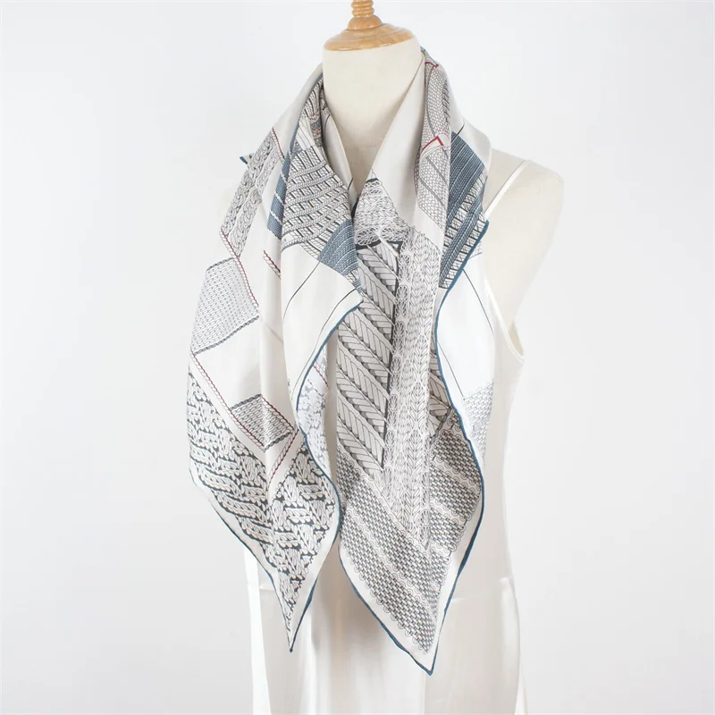 90 100% Silk Scarf Wraps Gray Printed Large Square Silk Head Scarves Hijab for Hair Wrapping for Women