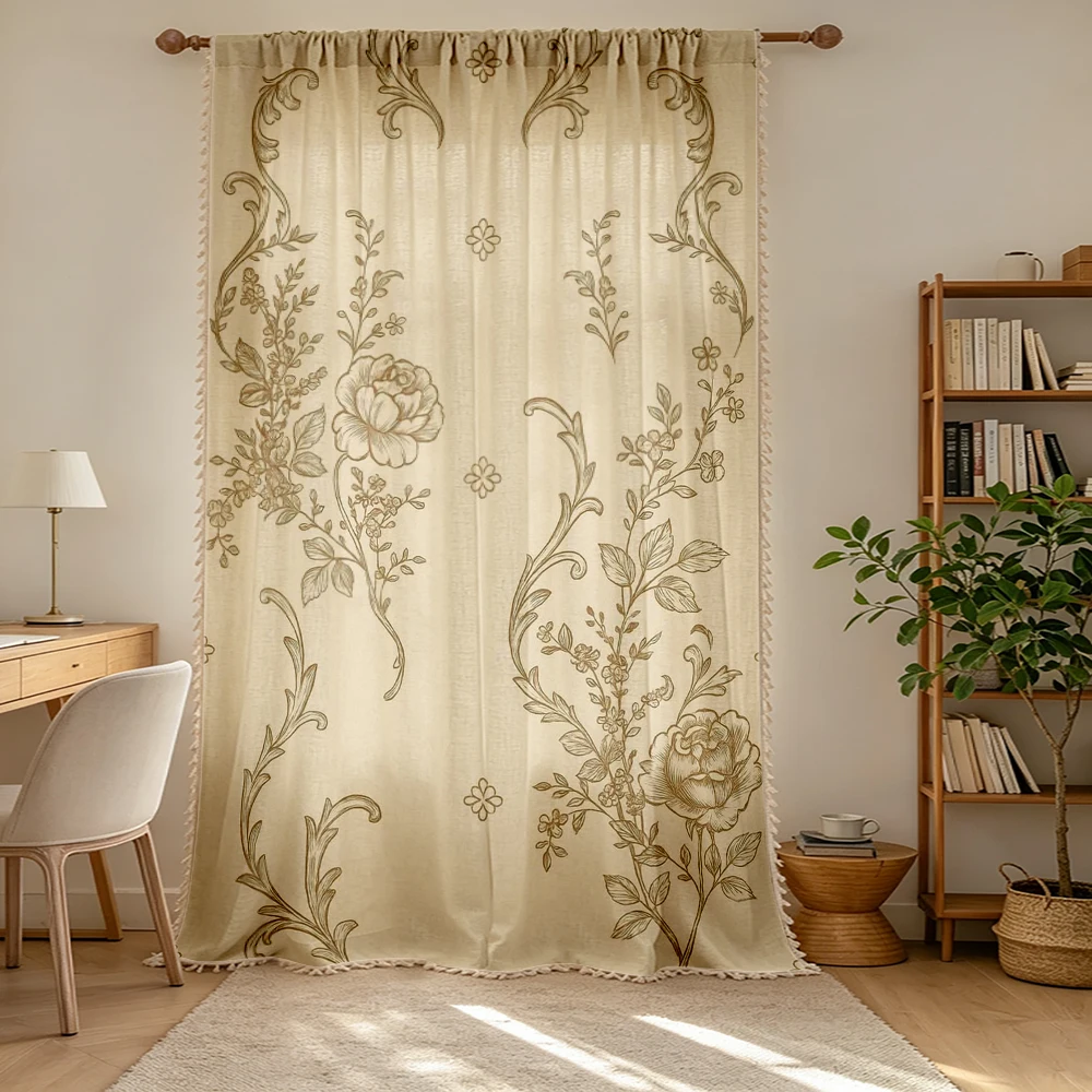 1PC Elegant Tassel Sheer Curtains, Beige Lace Floral, Digital Print, Linen Polyester, Bedroom Living Room, Rod Pocket Polyester