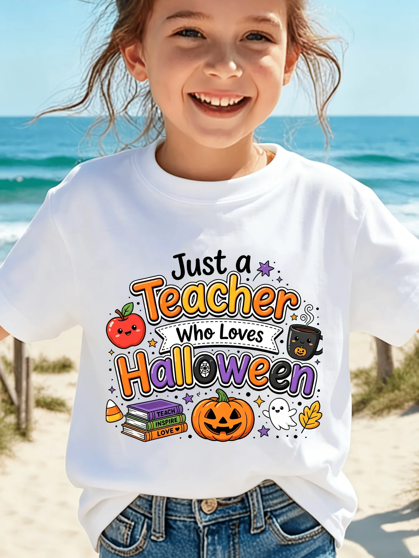 Just A Teacher Who Loves Halloween Kids T Shirt Pumpkin Print Short Sleeve Tees Boys Girls Soft Cotton Casual Tops Wear Gift