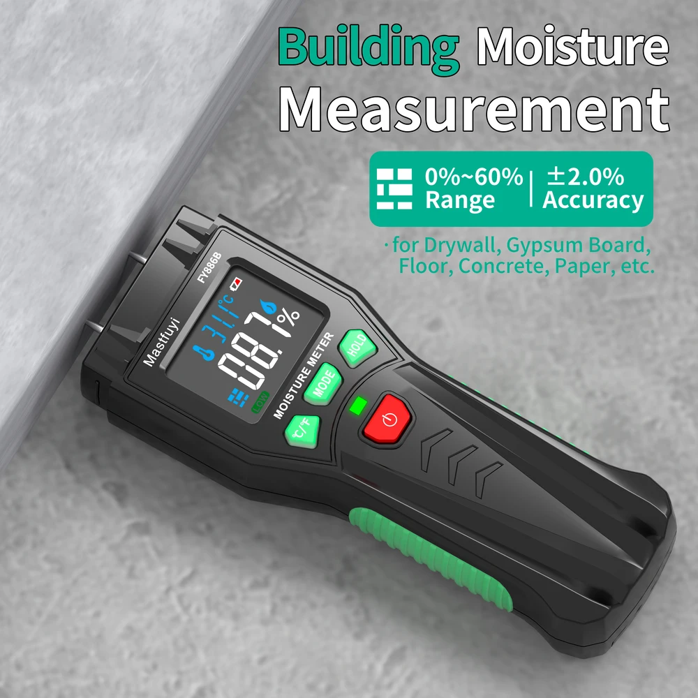 MASTFUYI FY886B Digital Wood Moisture Meter 0~60% LED Display Wood Humidity Moisture Detector Ambient Temp Humidity Tester